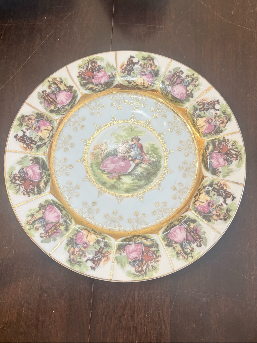 Vintage German Porcelain Courting Couple Plate - Blue Crown Mark 10.25”